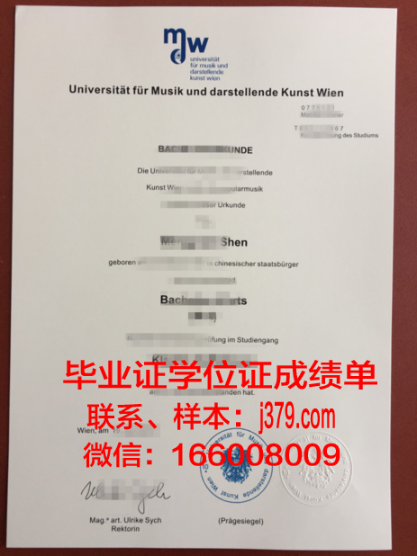 维也纳音乐与表演艺术大学毕业证成绩单